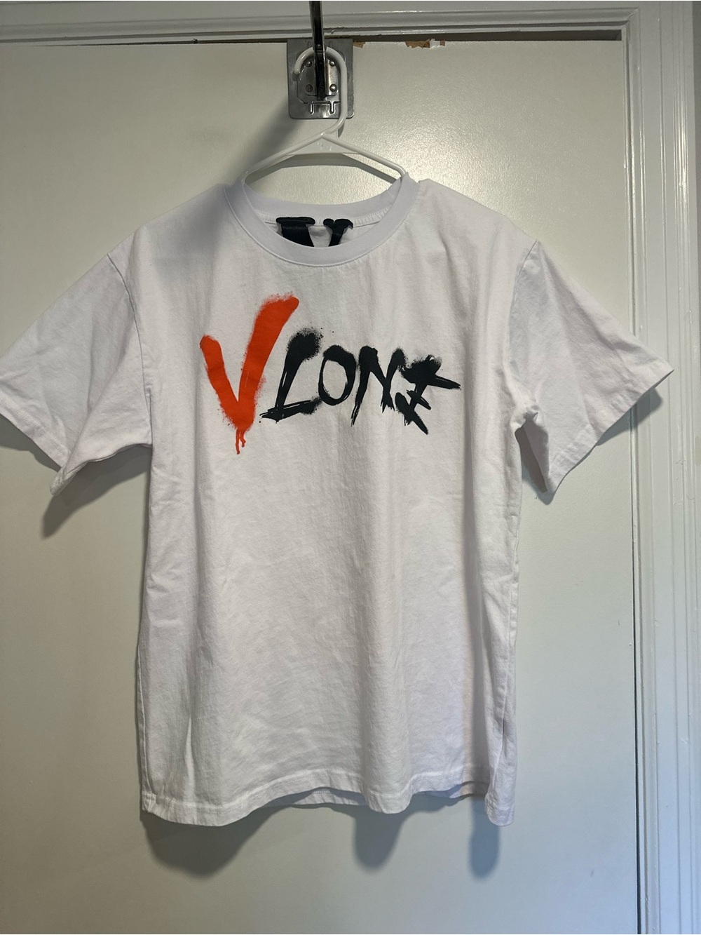 VLONE White Tee with Orange V and Black Script